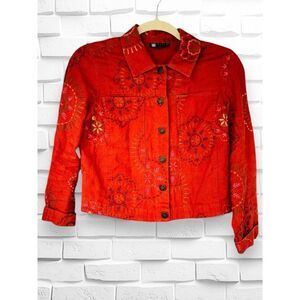 Carole Little Red Jean Jacket with Embroidered Design